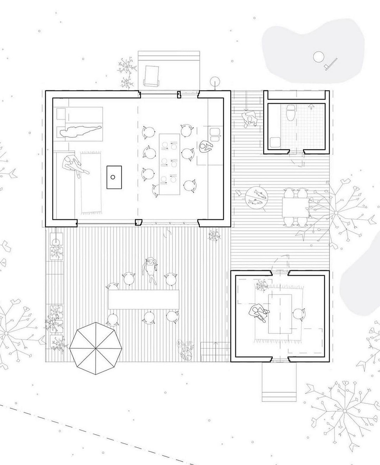 Plano técnico de una vivienda compacta organizada alrededor de un patio central.